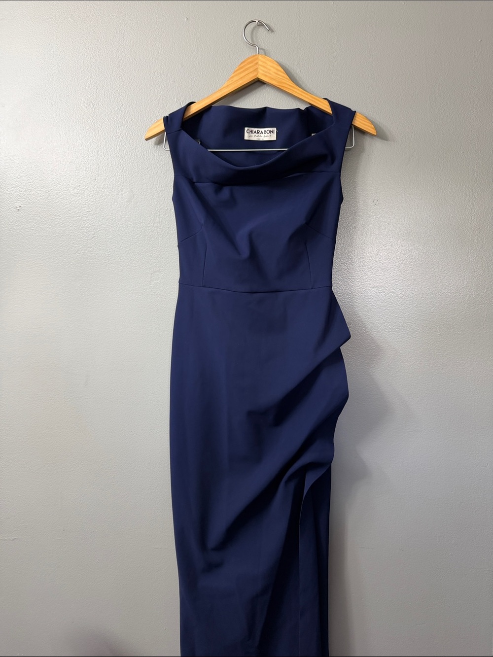 Chiara Boni Navy Maxi side ruched Sheath Dress with Draped cutout Neckline